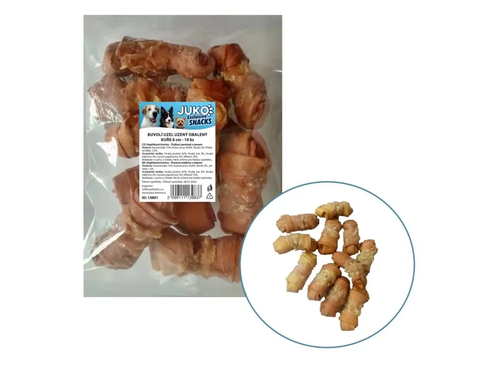 Uzel buvolí uzený obalený kuřecím masem JUKO Snacks 6 cm (10 ks) Odeslání Ihned