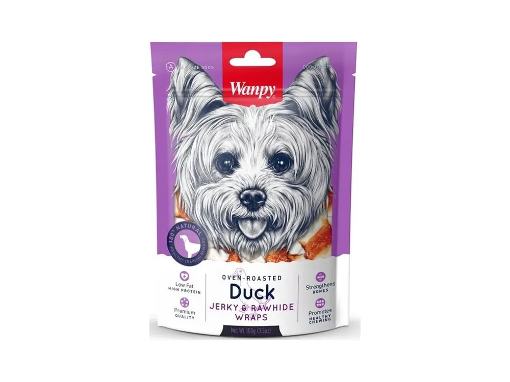 Dokud Zásoby Vydrží Wanpy Dog Duck Jerky & Rawhide Wraps 100 g
