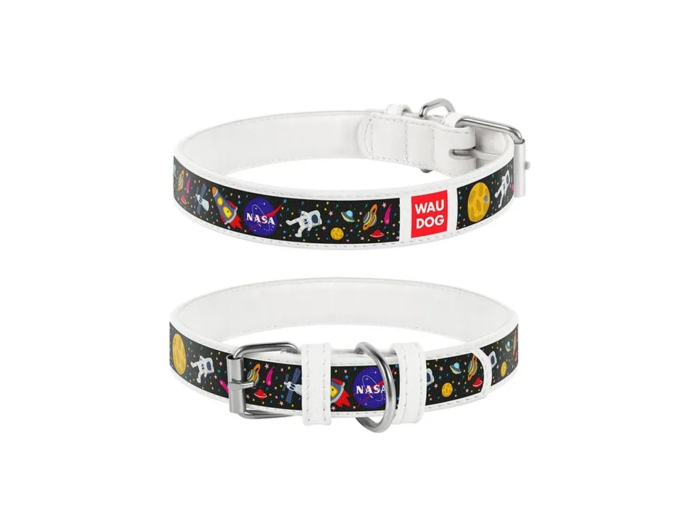 Ověřený WAUDOG obojek kožený NASA bílý (29-38cm/2cm)