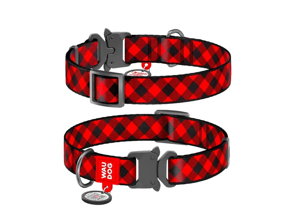 Oblíbený WAUDOG obojek nylonový Červená kostka QR fastex (33-49cm/2cm)