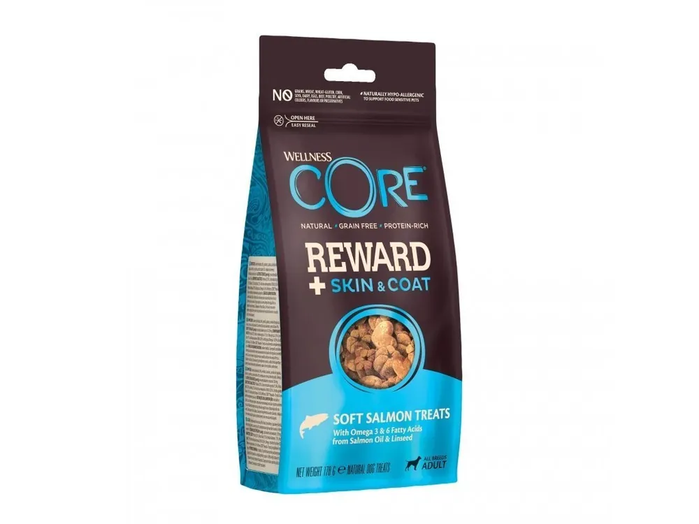 Wellness Core Dog Reward Adult Skin and Coat losos 170g Horká Nabídka