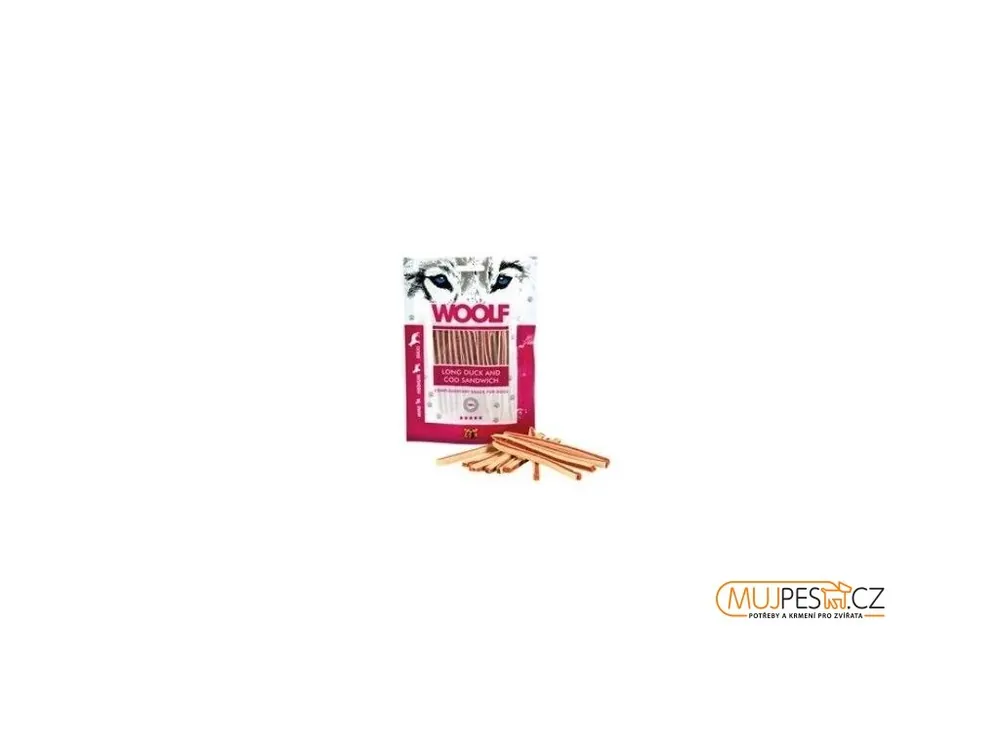Časově Omezené WOOLF pochoutka soft duck and cod sandwich long 100g