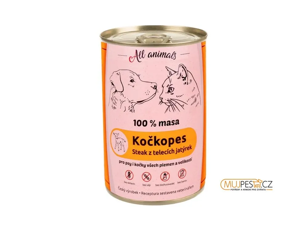 ALL ANIMALS Kočkopes konz. telecí játrový steak 400g Nová Kolekce