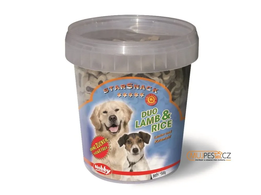 Aktuální Nobby Starsnack Duo Kyblík Pamlsky Pro Psa Jehně+Rýže 500G