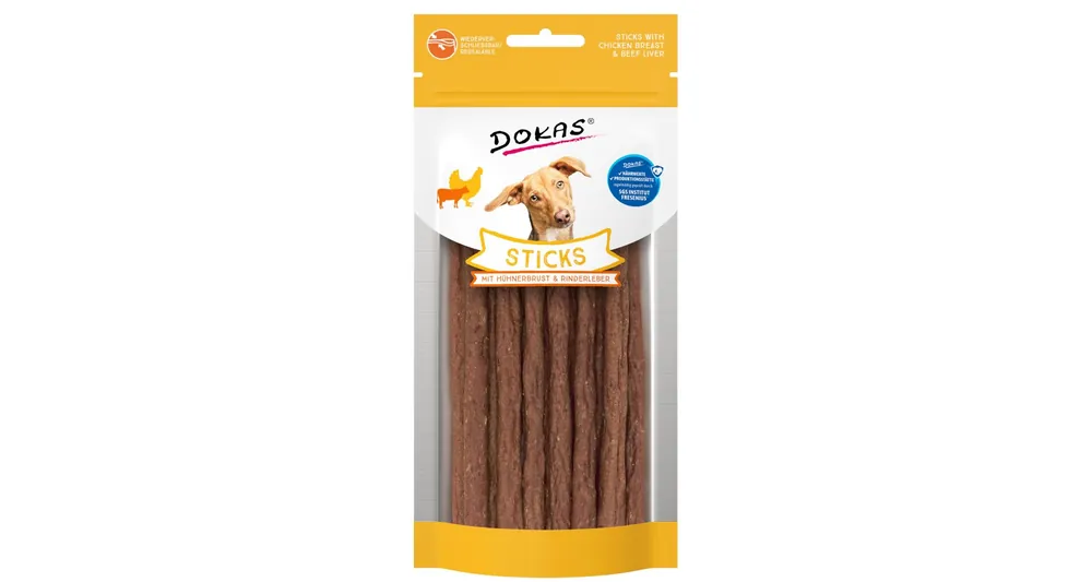 BALENÍ 12 ks – Dokas Tyčinky kuřecí prsa a hovězí játra 60 g Pouze Dnes