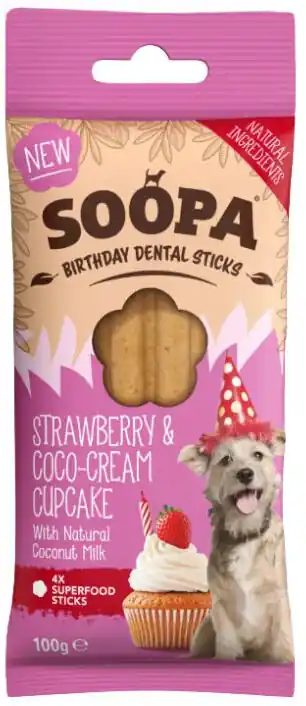 Must-Have BALENÍ 10 ks – Soopa Dentální tyčinky Cupcake s jahodami a kokosem 100 g