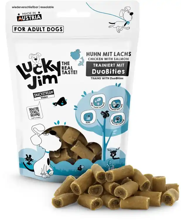 Nejprodávanější BALENÍ 8 ks – Lucky Jim DuoBities kuře s lososem 70 g