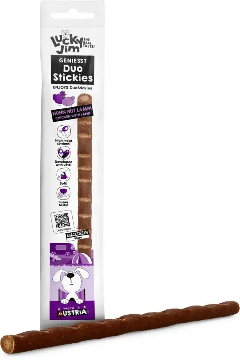 BALENÍ 40 ks – Lucky Jim DuoStickies kuře s jehněčím 15 g Nová Kolekce