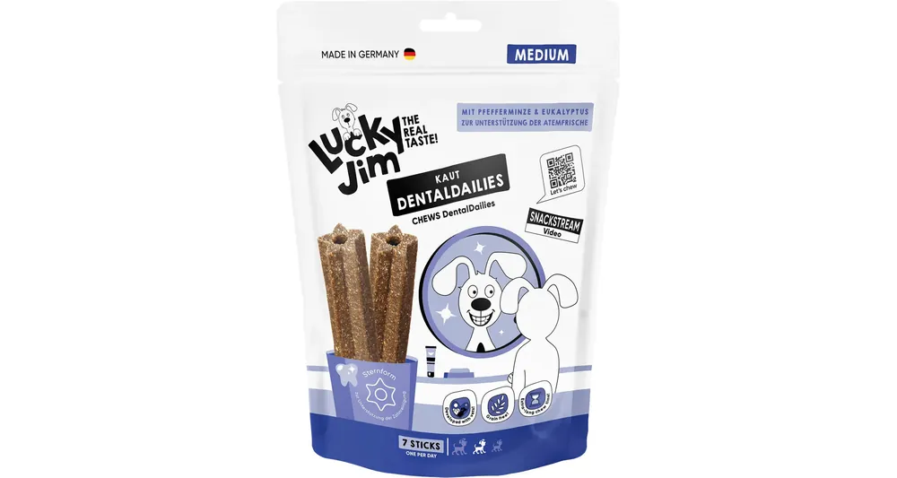 Super Cena BALENÍ 8 ks – Lucky Jim DentalDailies Dentální tyčinky s mátou Medium 250 g