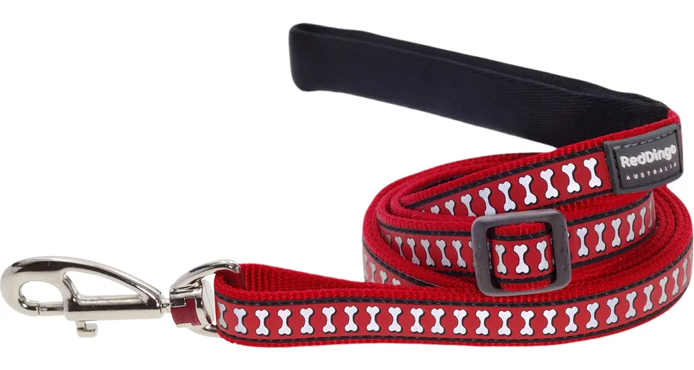 Nízká Cena Red Dingo vodítko reflexní – Bones Red – 12 mm x 1,8 m