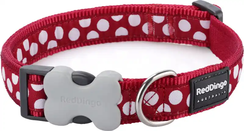 Originální Red Dingo obojek – White Spots on Red – 25 mm x 41-63 cm
