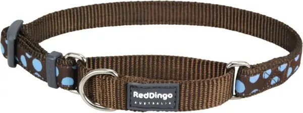 Finální Výprodej Red Dingo obojek polostahovací – Blue Spots on Brown – 15 mm x 26-40 cm