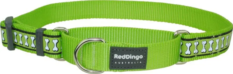 Finální Výprodej Red Dingo obojek polostahovací reflexní – Bones Lime – 15 mm x 26-40 cm
