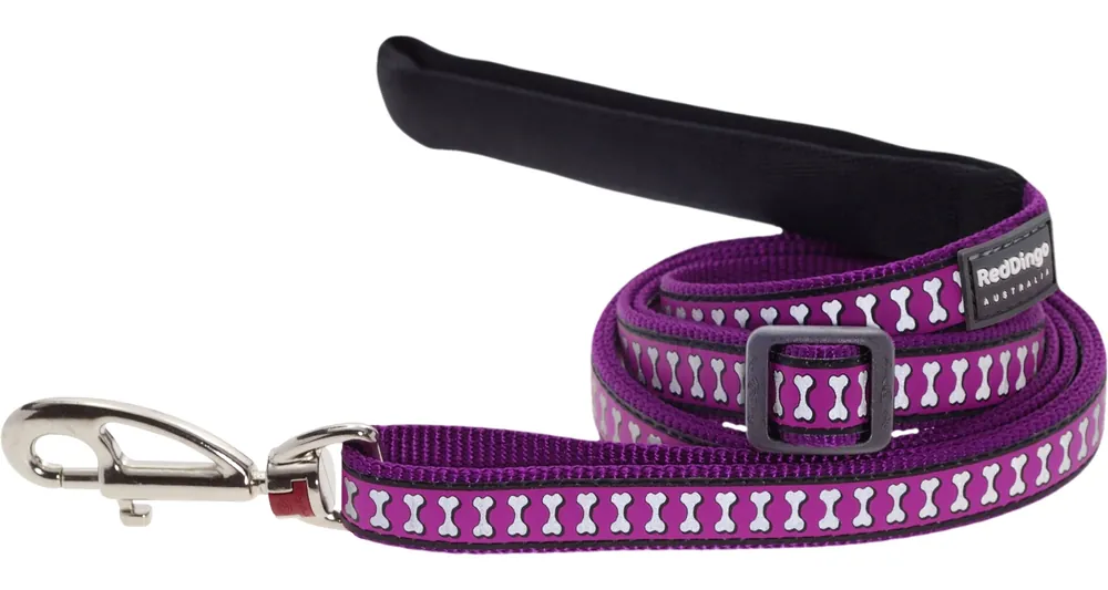 Akce Red Dingo vodítko reflexní – Bones Purple – 20 mm x 1,8 m