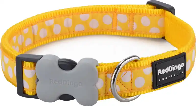 Sezónní Sleva Red Dingo obojek – White Spots on Yellow – 20 mm x 30-47 cm