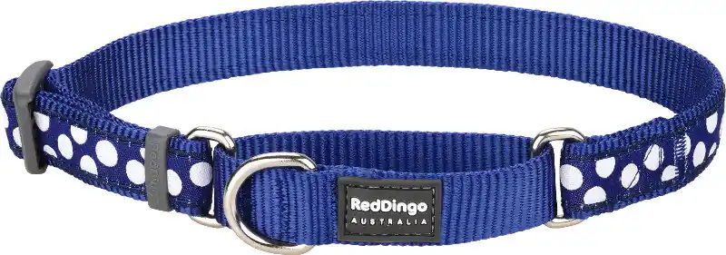 Jen Po Omezenou Doba Red Dingo obojek polostahovací – White Spots on Navy – 20 mm x 30-44 cm