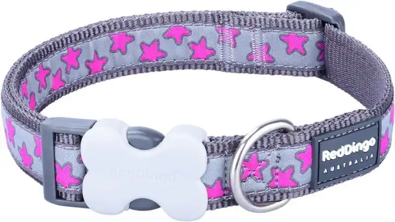 Poslední Šance Red Dingo obojek – Hot Pink Stars on Grey – 12 mm x 20-32 cm