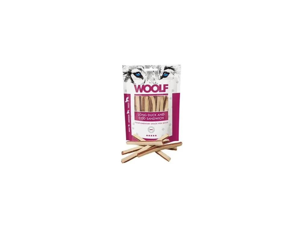 Časově Omezené WOOLF pochoutka Soft Duck and Cod Sandwich 100g