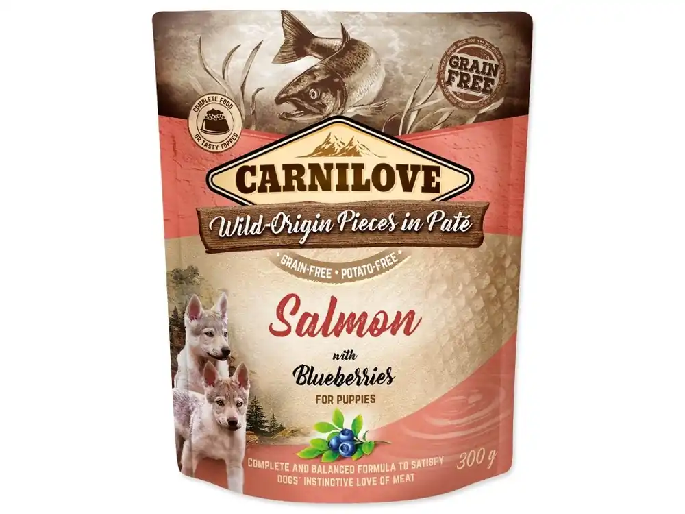 Kapsička Carnilove Dog Puppy losos s borůvkami, paté 300g Časově Omezené