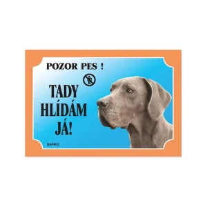 Barevná cedulka Pozor pes Doga modrá Nakupujte Hned