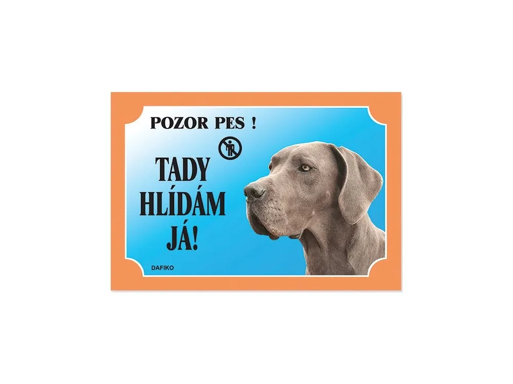 Barevná cedulka Pozor pes Doga modrá Nakupujte Hned