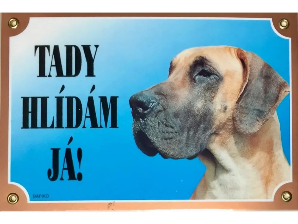 Barevná cedulka Pozor pes Doga žlutá Levný