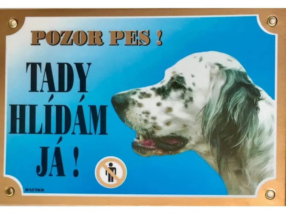 Barevná cedulka Pozor pes Setr bílý Cenová Bomba