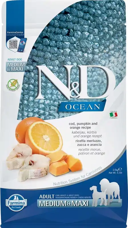 Speciální Cena N&D GrainFree Ocean Adult M/L Codfish & Pumpkin & Orange 2,5 kg