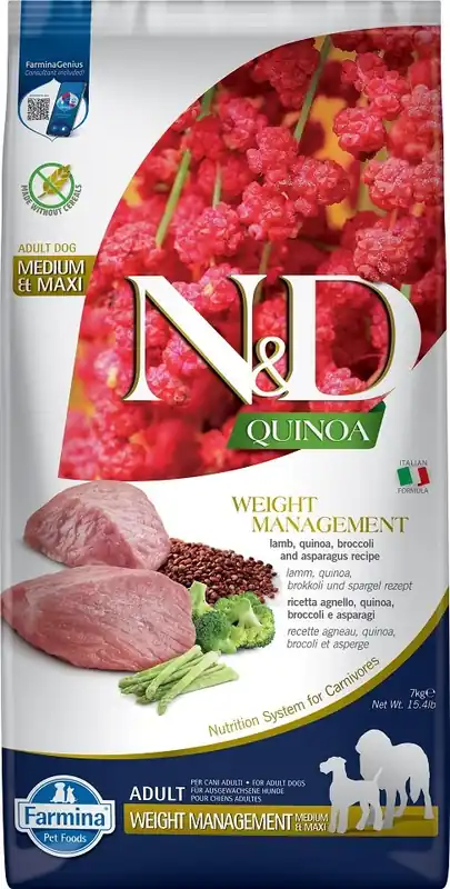 N&D Quinoa Dog Adult Medium&Maxi Weight Management Lamb & Broccoli 7 kg Dokud Zásoby Vydrží