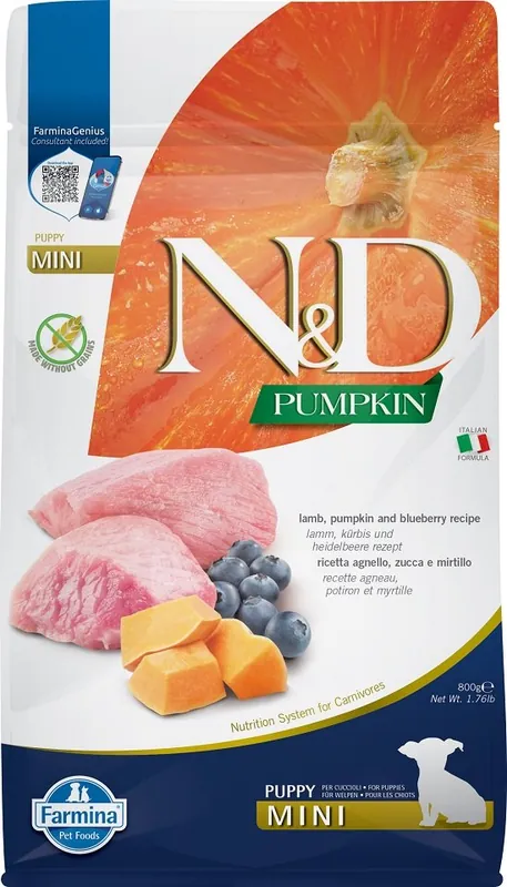 Tovární Cena N&D Grain Free Pumpkin Dog Puppy Mini Lamb & Blueberry 800g