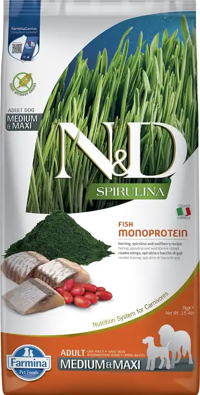 Víkendová Akce N&D Spirulina Dog Adult Medium&Maxi Herring & Wolfberry 7 kg