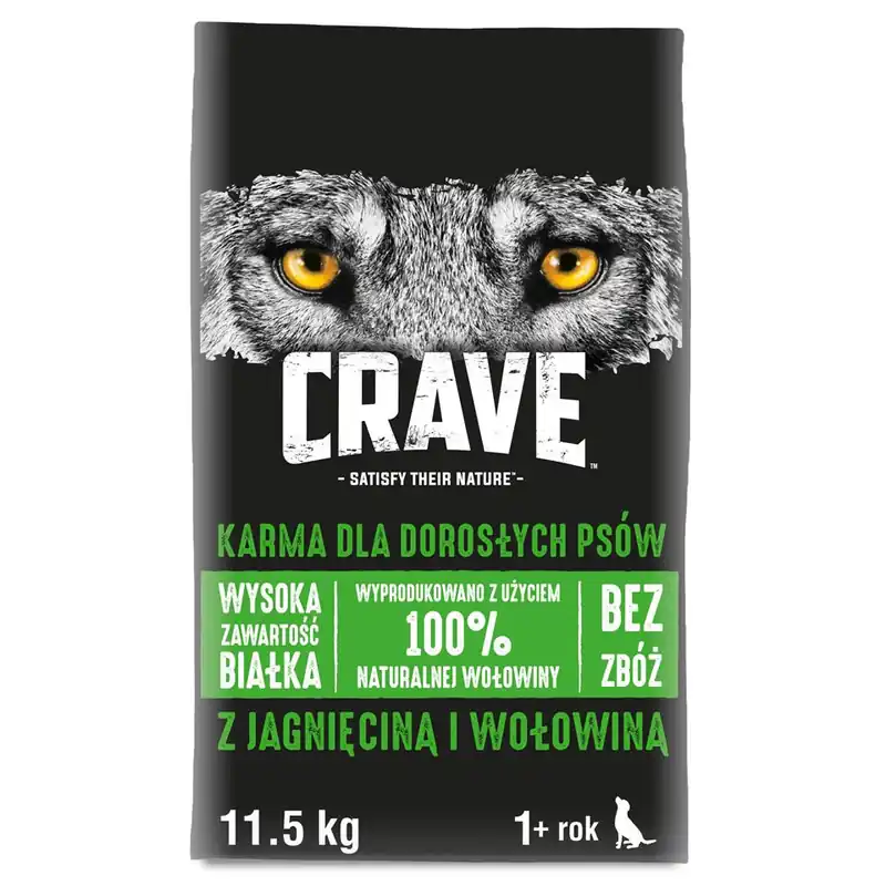 Dokud Zásoby Vydrží CRAVE Jehněčí a Hovězí 11,5kg granule pro dospělé psy