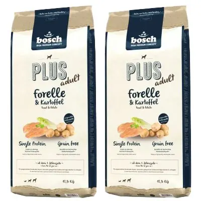 Jen Po Omezenou Doba BOSCH Plus Pstruh a brambory 25 kg (2 x 12,5 kg)