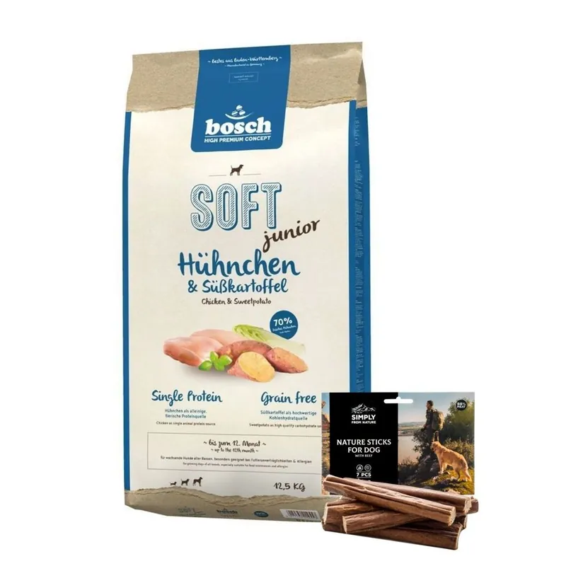Sleva BOSCH Soft junior Kuřecí a sladké brambory 12,5 kg + SIMPLY FROM NATURE Přírodní hovězí tyčinky 7 ks