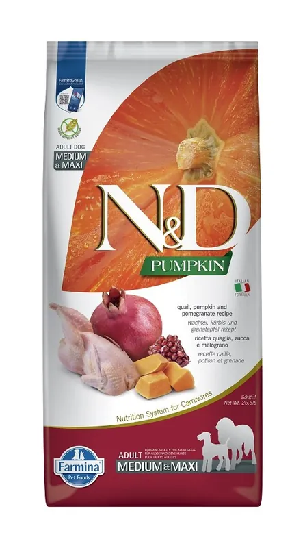 Akce FARMINA N&D Quail Pumpkin & Pomegranate Adult Medium & Maxi suché krmivo pro psy 12 kg
