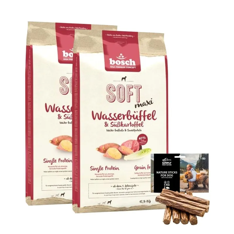 Zlevněný BOSCH Soft Maxi batáty & vodní buvol 2 x 12,5 kg + přírodní doutníky s divočákem 7 ks.