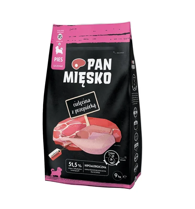 Sleva PAN MIĘSKO Telecí s křepelkou pro štěňata, křupky XS 9 kg
