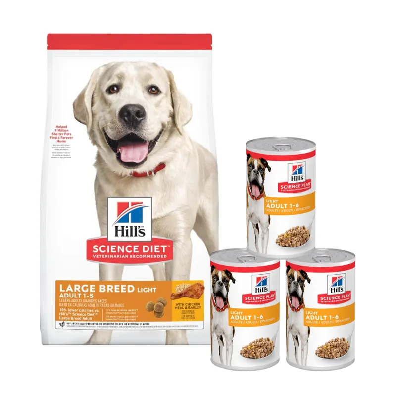 Sezónní Sleva HILL‘S Science Plan Adult Light Large breed suché krmivo s kuřecím masem 14 kg + 3 konzervy ZDARMA