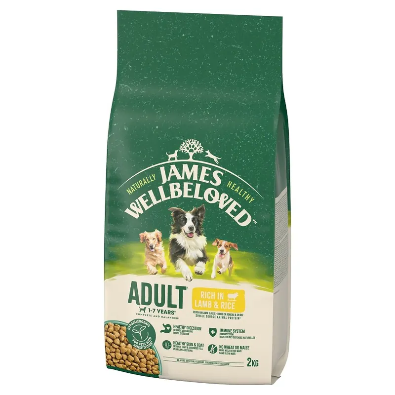 JAMES WELLBELOVED Adult 2 kg suché kompletní krmivo pro dospělé psy od 1 do 7 let s vysokým obsahem jehněčího masa a rýže Sezónní Sleva