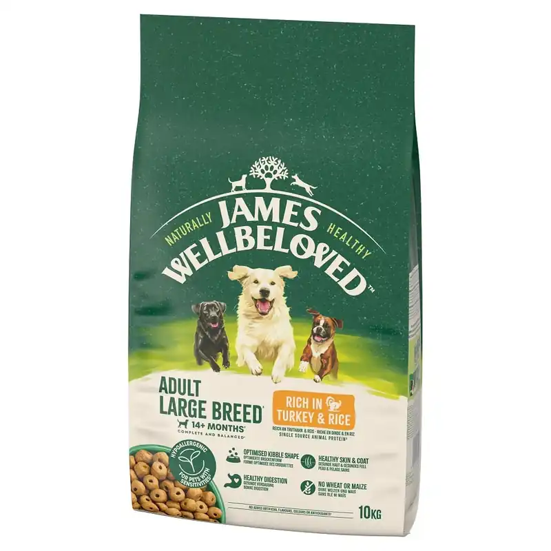 JAMES WELLBELOVED Adult 10 kg kompletní suché krmivo pro dospělé psy velkých plemen >14 měsíců - 10 let, bohaté na krůtu a rýži Přímo Od Výrobce