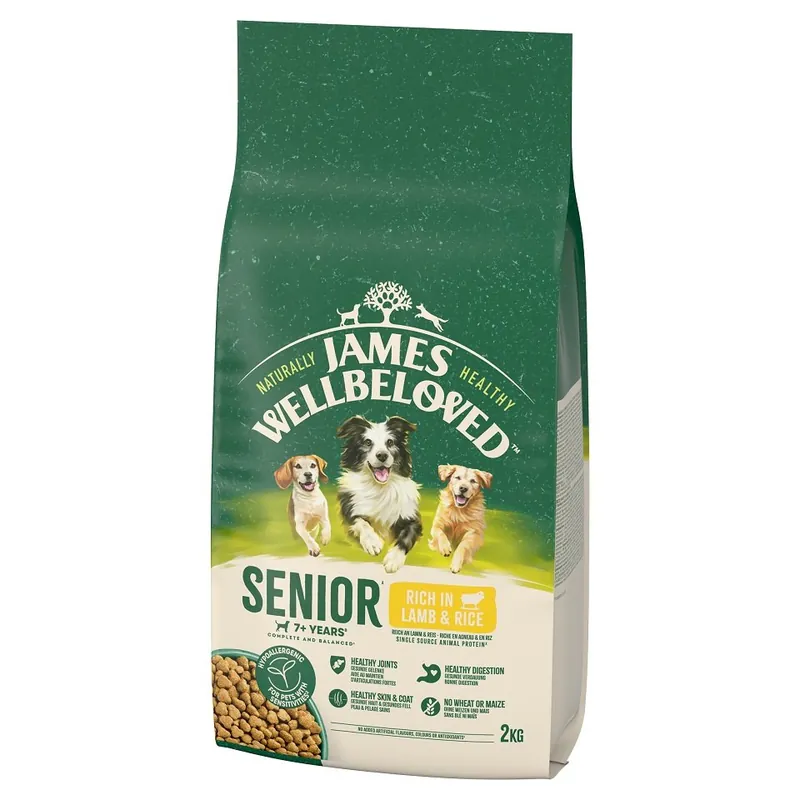 Originální JAMES WELLBELOVED Senior 2 kg suché kompletní krmivo pro starší psy >7 let s vysokým obsahem jehněčího masa a rýže