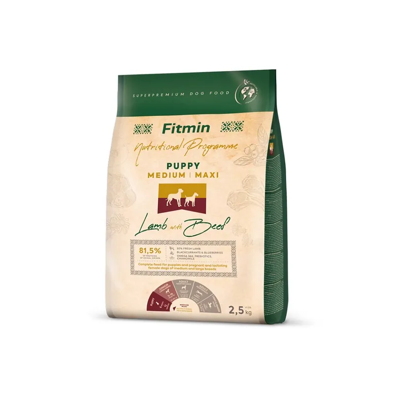 FITMIN Dog Nutritional Programme Medium Maxi Puppy Lamb&Beef 2,5 kg krmivo pro štěňata středních a velkých plemen Víkendová Akce
