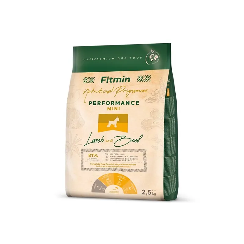 Rychlé Dodání FITMIN Dog Nutritional Programme Mini Performance Lamb&Beef 2,5 kg pro dospělé psy malých plemen s velmi vysokou aktivitou