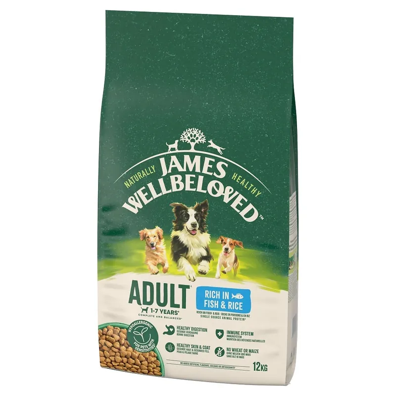 Must-Have JAMES WELLBELOVED Adult 12 kg Kompletní suché krmivo pro dospělé psy 1-7 let, bohaté na ryby a rýži