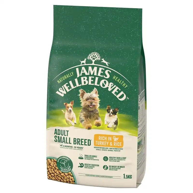 Bezpečná Platba JAMES WELLBELOVED Adult 1,5 kg kompletní suché krmivo pro dospělé psy malých plemen od 6 měsíců do 10 let s vysokým obsahem krůtího masa a rýže