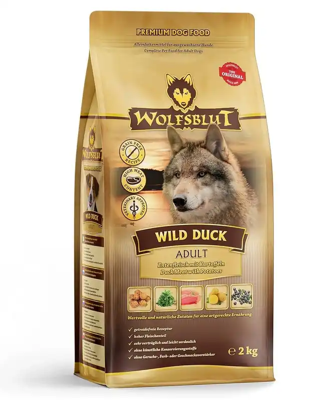 Dokud Zásoby Vydrží WOLFSBLUT Wild Duck Adult suché krmivo pro psy s kachnou a bramborami 12,5 kg