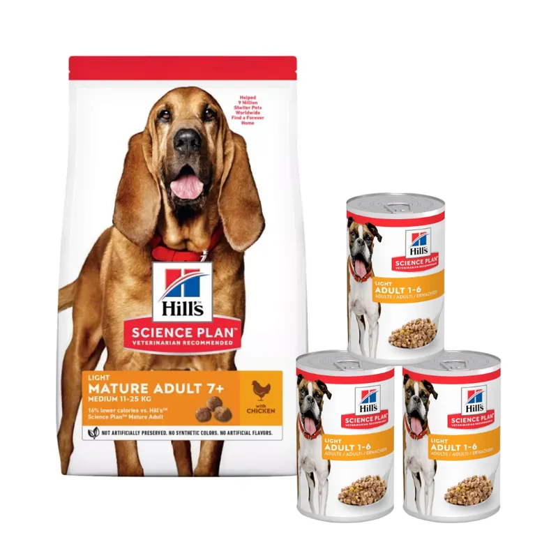 Oblíbený HILL‘S Science Plan 7+ Dog Mature Light Medium Chicken 14 kg + 3 konzervy ZDARMA