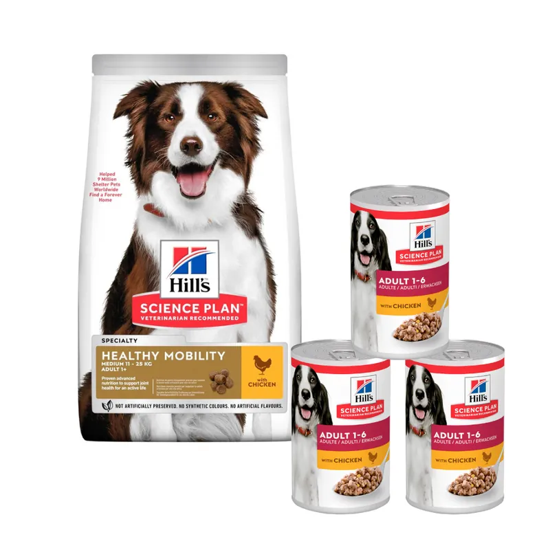 Značkový HILL‘S Science Plan Canine Adult Healthy Mobility Medium Chicken 14 kg krmivo pro psy středních plemen kuře podpora kloubů + 3 konzervy ZDARMA