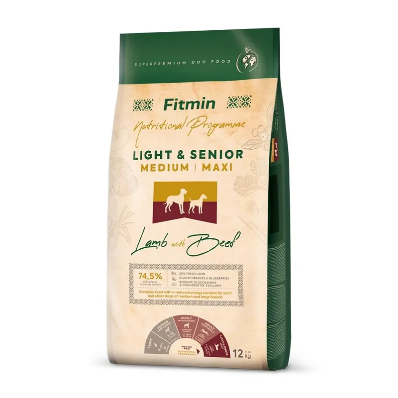 Vysoce Kvalitní FITMIN Dog Nutritional Programme Medium Maxi Light Senior Lamb&Beef 12 kg pro starší psy středních a velkých plemen