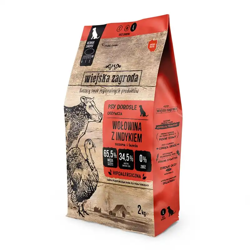 Omezená Nabídka WIEJSKA ZAGRODA Hovězí a krůtí krmivo pro psy L 2 kg